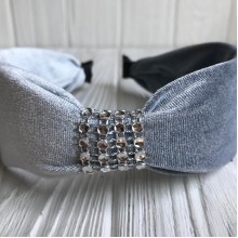 Обруч велюр із вставкою з каміння, 5 см, світло-сірий, шт.