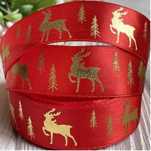 Атлас 2,5 см, олень і ялинки, червоний, метр