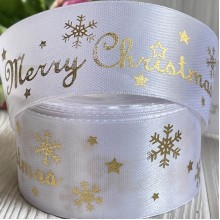 Атлас 4 см, Merry Christmas, білий, метр