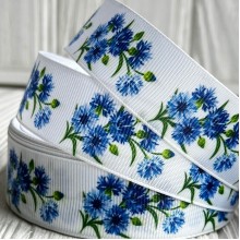 Репс 2,5 см, сині волошки, на білому фоні, метр