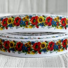 Репс 1,5 см, віночок з маків та соняхів, на білому тлі, метр