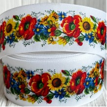 Репс 4 см, віночок з маків та соняхів, на білому тлі, метр