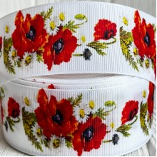 Репс 4 см, червоні маки з ромашками, на білому фоні, метр