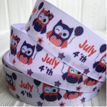 Репс 2,5 см, червоно-сапфірові сови на білому, метр