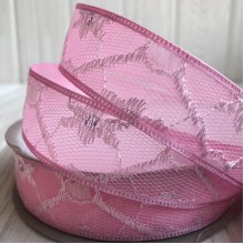 Органза з вишитим візерунком, 2,5 см, світло-рожевий, метр