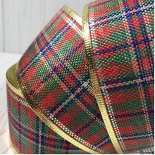 Новорічна стрічка мішковина шотландка, 6,3 см, червоно-зелено-синя, метр