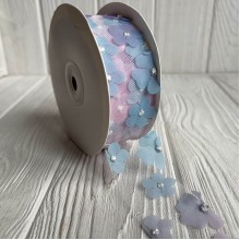 Стрічка з фатину з шифоновими квітами, 4 см, бірюзово-малиновий, метр