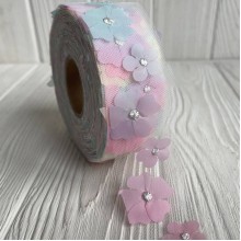 Стрічка з фатину із шифоновими квітами, 4 см, жовто-рожевий, метр