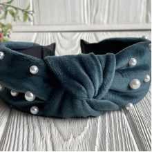 Обруч чалма велюр із перлами, 4,5 см, смарагдовий, шт.