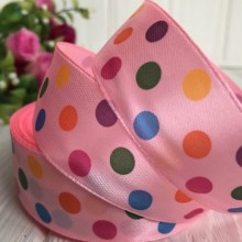 Атлас 2,5 см кольоровий горох, мікс на рожевому, м