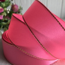 Атлас із люрексом 2,5 см (золото), яскраво-рожевий, рулон 33 м