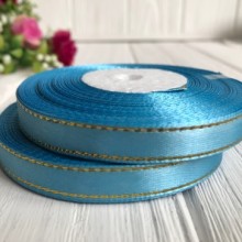 Атлас 0,9 см люрекс золото, світло-бірюзовий, рулон 33 м