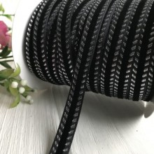 Стрічка велюр кантовий візерунок, 1 см, чорний зі сріблом, метр