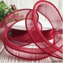 Органза з прошитим кантом, 3 см, малиново-червоний, рулон 23 м