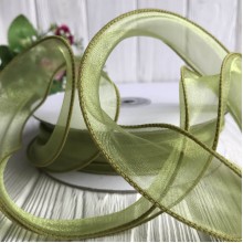 Органза з прошитим кантом, 3 см, оливкова, рулон 23 м