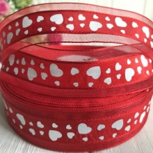Органза із сердечками, 2,5 см, червоний із білими серцями, метр