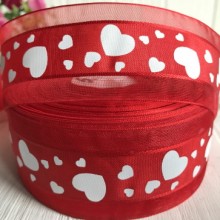 Органза із сердечками, 4 см, червоний із білими серцями, метр