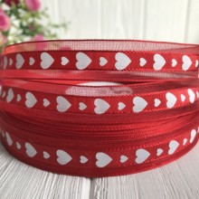 Органза із сердечками, 1,5 см, червоний із білими серцями, метр