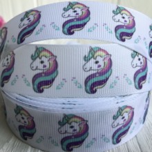 Репс 2,5 см, Єдиноріг з райдужною гривою на білому, метр