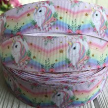 Репс 2,5 см, Єдиноріг з райдужною гривою на пастельно-рожевому, метр