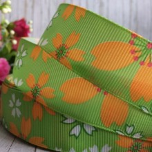 Репс 2,5 см, оливковий з оранжевими квітами