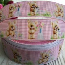 Репс 2,5 см, ведмедик на світло-рожевому