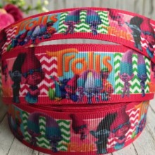 Репс 2,5 см, Тролі, різнобарвний шеврон із малиновим кантом, 1 м