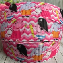 Репс 2,5 см, свинка Пеппа та Джордж пірат, біло-ярко-рожева хвиля, 1 м