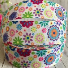 Репс 2,5 см, фіолетово-салатово-світло-бірюзові квіти, білий