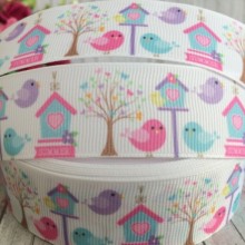 Репс 2,5 см, пташки-дерево-шпаківня, білий, 1 м