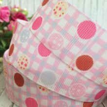 Репс 2,5 см, малиново-червоні кола на рожево-блакитній клітці, 1 м