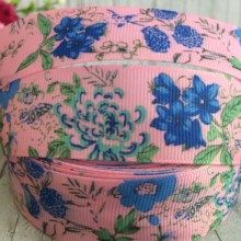 Репс 2,5 см, сині волошки на рожевому, 1 м