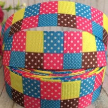 Репс 2,5 см, синьо-малиново-коричнево-жовті квадрати з горохами, 1 м