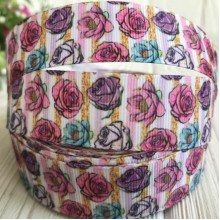 Репс 2,5 см, малиново-фіолетово-бірюзові троянди зі смужками, метр