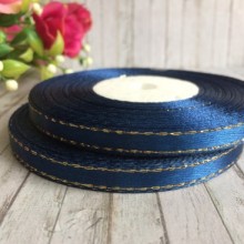 Атлас 0,6 см люрекс золото, сапфіровий, рулон 33 м