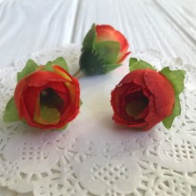 Бутон троянди тканинний (з листочками), 2,5 см, червоно-салатовий