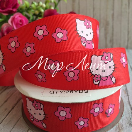 Репс 2,5 см, Кітті з квіточками, червоний з рожевим