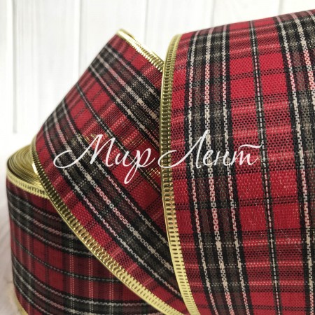 Новорічна стрічка мішковина шотландка, 6,3 см, червоно-чорна, метр