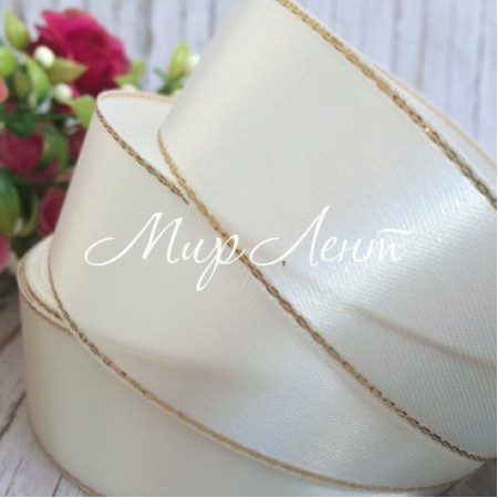 Атлас с люрексом 2,5 см (золото), белый, рулон 33 м