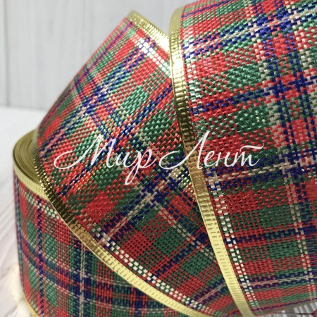 Новорічна стрічка мішковина шотландка, 6,3 см, червоно-зелено-синя, метр