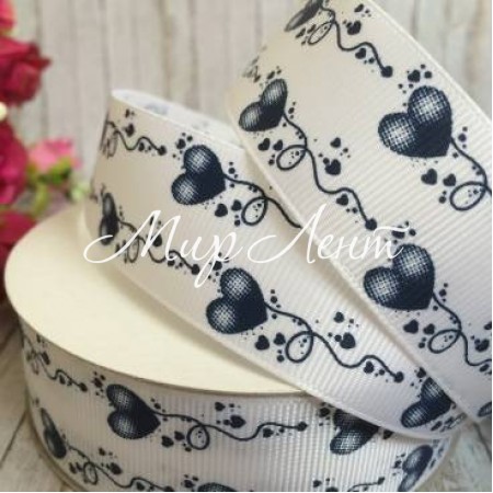 Репс 2,5 см, візерунок із сердець, темно-синій