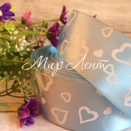 Атлас 4 см, серця маленькі, блакитний, метр