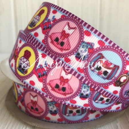 Репс 2,5 см, Шопкінс сукня-сумочка, біло-бузковий, метр