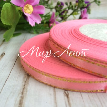 Атлас 0,6 см люрекс золото, светло-розовый, рулон 33 м