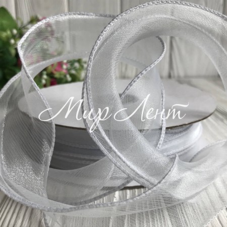 Органза з прошитим кантом, 3 см, блідо-сірий, рулон 23 м