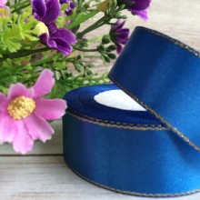 Атлас із люрексом 2,5 см (золото), синій, рулон 33 м