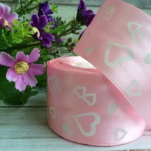 Атлас 4 см, серця маленькі, світло-рожевий, метр