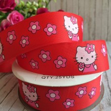 Репс 2,5 см, Кітті з квіточками, червоний з рожевим