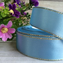 Атлас із люрексом 2,5 см (золото), блакитний, рулон 33 м