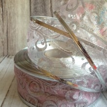 Стрічка з орнаментом органзова (кант із дротом), 5 см, світло-рожевий